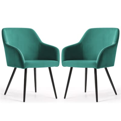 Set van 2 Eetkamerstoelen ESTELLE met Armleuningen / Gestoffeerde Stoelen / Fluwelen Stoelen en Metalen Poten / Flesgroen met zwarte benen