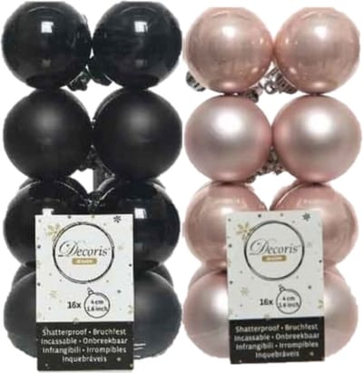 32x stuks kunststof kerstballen zwart en lichtroze 4 cm - Kerstversiering/kerstboomversiering
