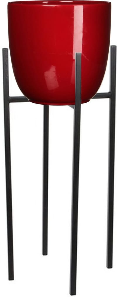 Mica Decorations Bloempot met verhoger - D25 x H23 cm - pot rood - verhoger zwart/metaal H55 cm