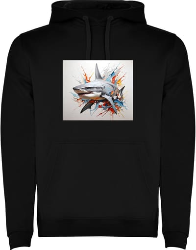 Zwarte hoodie Kleurrijke grote Haai imposant en gevaarlijk - Great White Shark - Geweldig - Humor Maat M