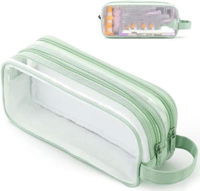 Etui - Etui Jongens - Etui Meisjes - Transparante etui voor examens - Grote capaciteit Transparante etui van gaas - met 2 ritsvakken, grote etui voor kantoorbenodigdheden - voor school, universiteit, thuiskantoor en reizen - Lichtgroen