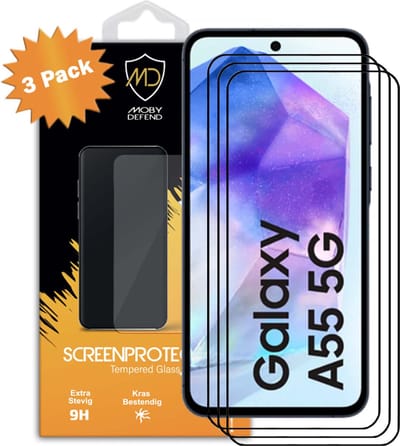 3-Pack MobyDefend Screenprotectors - Geschikt voor Samsung Galaxy A55 - Screensavers Met Zwarte Randen - Gehard Glas