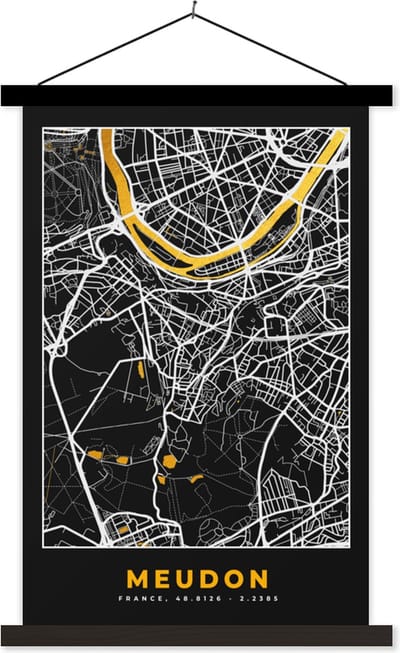 Posterhanger incl. Poster 40x60 cm - Schoolplaat - Meudon - Kaart – Stadskaart – Frankrijk – Plattegrond - Textielposter - Zwarte latten - Stadskaart