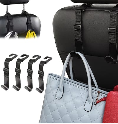 4 Stuks Verstelbare Autostoel Haak – Zwarte Tashanger voor Auto | Sterke PVC & Nylon Haken | Auto Organizer Accessoires | Universeel Geschikt | 20–25 cm