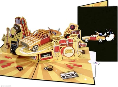 Popcards pop-up kaart – Muziek Rock Band met Cadillac en Muziekinstrumenten Drums Gitaren Keyboards Muziekfestival pop-up kaart 3D wenskaart