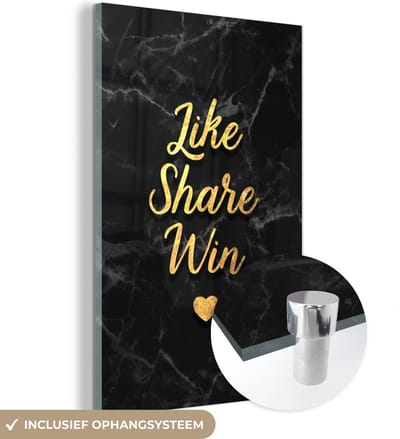 MuchoWow® Glasschilderij 40x60 cm - Schilderij acrylglas - Actie - Win - Goud - Marmer - Foto op glas - Schilderijen