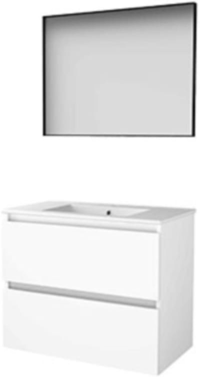 Basic-Line Framed 46 Badkamermeubelset - 80 x 46 cm - Greeploos - 2 Lades - Keramische Wastafel - 1 Kraangat - Spiegel met Zwart Aluminium Frame - Ice White