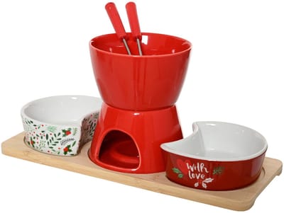 Decoris - Fondueset voor 2 - Keramiek met FSC Bamboe Plank - 2 Schaaltjes - Rood/Wit - L28.5 x B12 x H13