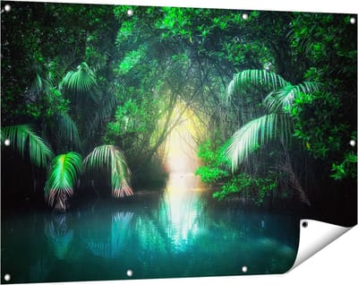 Gards Tuinposter Tropische Jungle met een Turquoise Meer - 120x80 cm - Tuindoek - Tuindecoratie - Wanddecoratie buiten - Tuinschilderij