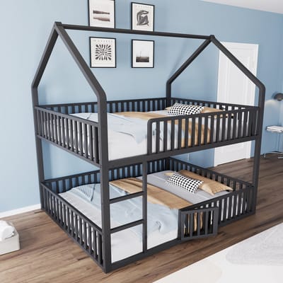 REDOM Bedframe 140x200 cm – Huisvormig metalen bed met trap & opklapbare deur – Zwart – Speels