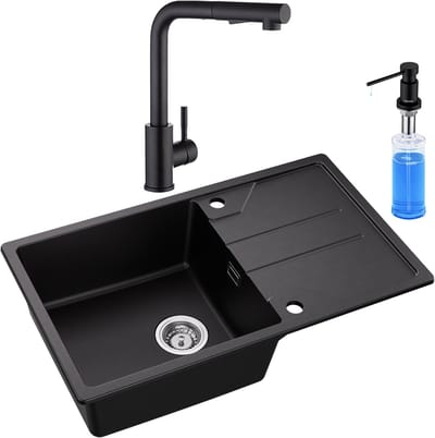 DERW MAX Granieten Spoelbak 78x45CM Antraciet - Spoelbakken Keuken Met Keukenkraan en Zeepdispenser 300ML - Spoelbakken Met Planchet en Waterafvoersysteem - Opbouw Spoelbak