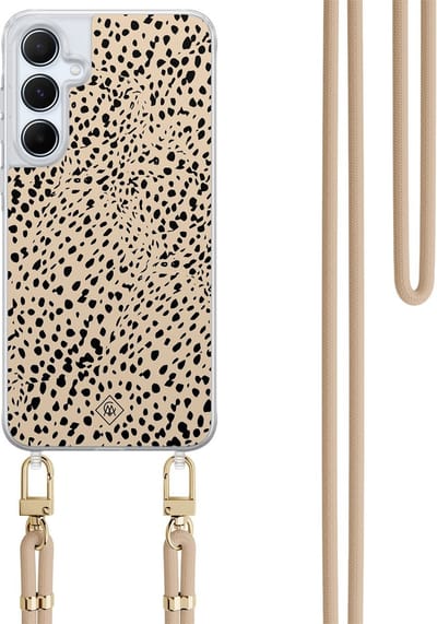 Casimoda® hoesje met koord - Geschikt voor Samsung A35 - Stippen bruin abstract - Afneembaar koord - TPU/polycarbonaat - Bruin/beige