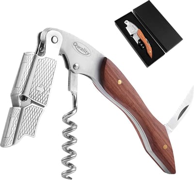 Luxe Wijnopener – Kurkentrekker - Kelnersmes – Wijn Opener - Flesopener - RVS met Houten Handvat – 2-staps hefboommechanisme – Cadeau voor hem haar - Qwality®