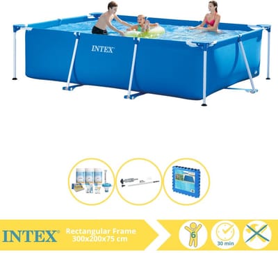 Intex Rechthoekig Frame Zwembad - 300 x 200 x 75 cm - Blauw - Inclusief Onderhoudspakket - Stofzuiger - Vloertegels - 4-delig