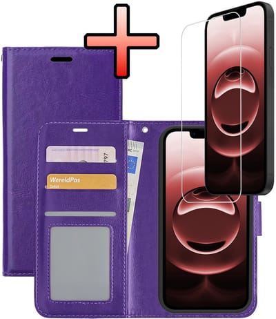 Hoesje - Met Screenprotector - Geschikt voor Apple iPhone 16e / 17e - Luxe Pasjeshouder - Bookcase Portemonee - Flip Case - Kunstleer Book Case - Flipcase - Book Cover - Walletcase - Portemonneehoes - Paars