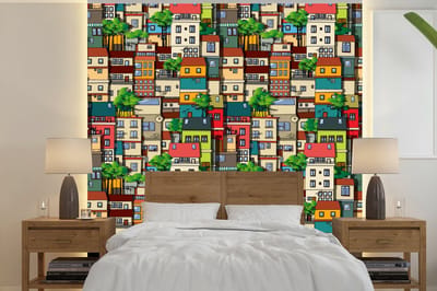 Behang - Fotobehang Patronen - Huis - Boom - Jongens - Kinderen - Kids - Breedte 240 cm x hoogte 240 cm