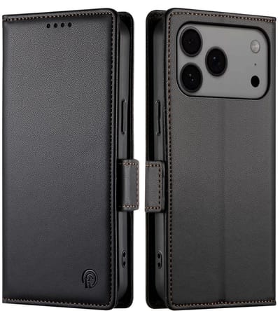 Lunso Geschikt voor iPhone 17 Pro Max hoesje - PU leren Bookcase met ruimte voor pasjes - Zwart