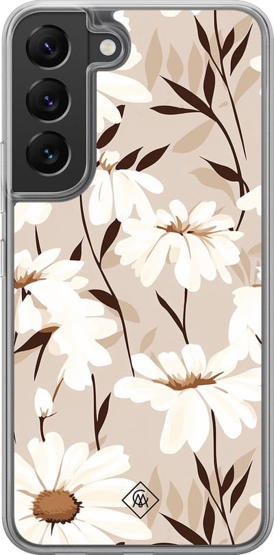 Casimoda® hoesje - Geschikt voor Samsung Galaxy S22 - In Bloom - 2-in-1 case - Schokbestendig - Bloemen - Verhoogde randen - Bruin/beige, Transparant