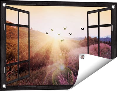 Gards Tuinposter Doorkijk Silhouet Zwerm Vogels bij Zonsondergang - 60x40 cm - Tuindoek - Tuindecoratie - Wanddecoratie buiten - Tuinschilderij