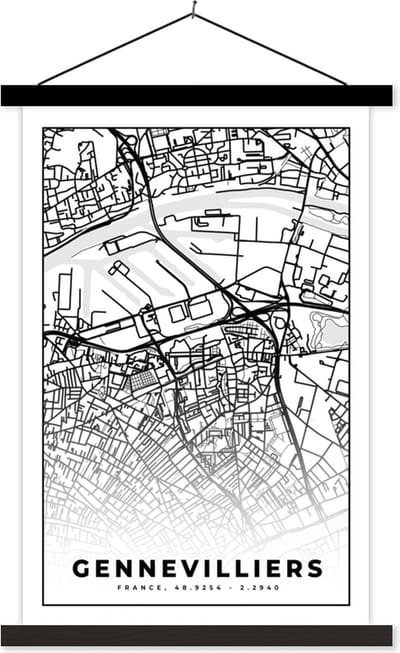 Posterhanger incl. Poster 40x60 cm - Schoolplaat - Stadskaart - Frankrijk - Kaart - Plattegrond - Gennevilliers - Zwart wit - Textielposter - Zwarte latten - Stadskaart