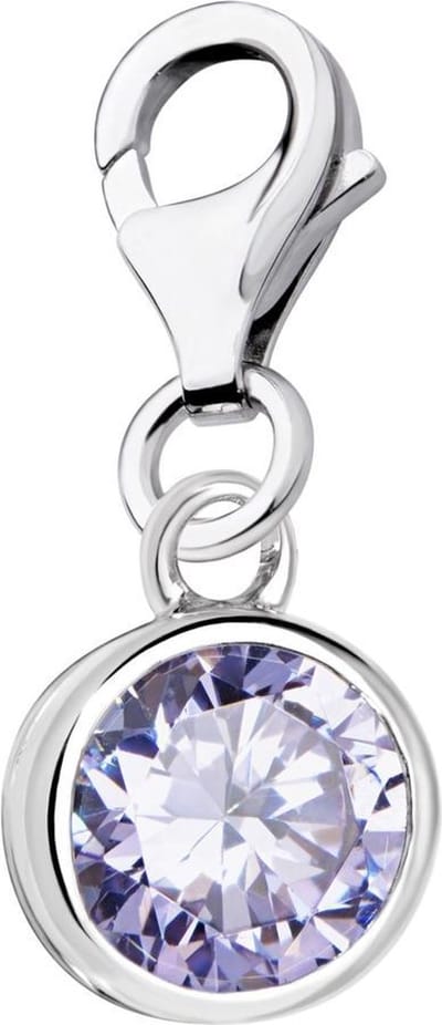 Quiges – 925 - Zilver – Charm - Bedel - Hanger - Ronde Zirkonia Steen Paars - met – sterling - zilver - karabijnslot - geschikt - voor -Bedelarmband HC044