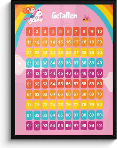 Poster in lijst - Fotolijst 60x80 cm - Posters - Getallen - Leren tellen voor kinderen - Getallenlijn - Cijfers - Roze - Eenhoorn - Posterlijst zwart - Kamer decoratie - Wanddecoratie kinderkamer - Muurdecoratie babykamer