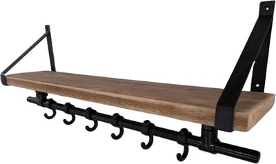 Industriële Wandkapstok 90 cm - Steigerbuis met Plank & Plankdragers - 6 Haken - ABSteigerhout