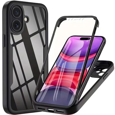 Zwart transparant telefoon hoesje geschikt voor iPhone 16 Plus – schokbestendige case met voor en achterkant bescherming – full body cover – harde rand en doorzichtig design – dames en heren
