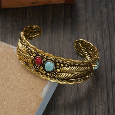 Vintage Turkoois Veer Armband voor Mannen Vrouwen Boheems Etnisch Natuursteen Open Verstelbare Manchet Armbanden Feest Sieraden Cadeaus gray