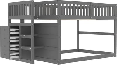 Stapelbed 140 x 200 cm - veiligheidsstapelbed met opbergvak - hoog hekontwerp - houten bed - grijs - zonder matras
