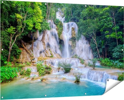 Gards Tuinposter Waterval in het Tropische Natuur - 150x100 cm - Tuindoek - Tuindecoratie - Wanddecoratie buiten - Tuinschilderij