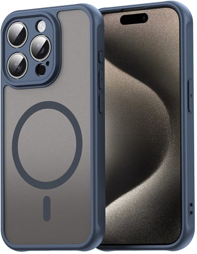 MobyDefend Hoesje - Geschikt voor iPhone 15 Pro - Case Geschikt voor MagSafe - Mat Transparant Met Gekleurde Rand - Blauw