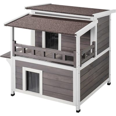 Maisonnette pour chat d'extérieur à 2 étages en bois pour chat errant avec balcon et toit