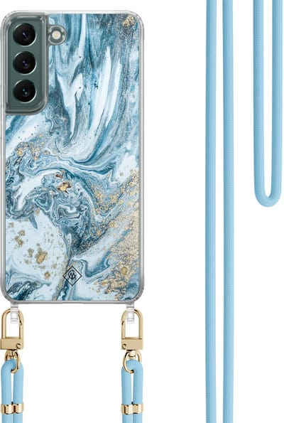 Casimoda® hoesje met lichtblauw koord - Geschikt voor Samsung S22 Plus - Marble Sea - Afneembaar koord - TPU/polycarbonaat - Blauw