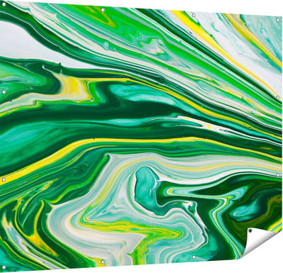 Gards Tuinposter Abstracte Kunst - Groen met Gele Verf - 150x120 cm - Tuindoek - Tuindecoratie - Wanddecoratie buiten - Tuinschilderij