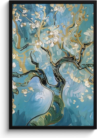 Poster in lijst - Fotolijst 60x90 cm - Posters - Amandelbloesem boom - Blauw - Abstract - Posterlijst zwart - Decoratie - Wanddecoratie woonkamer - Muurdecoratie slaapkamer