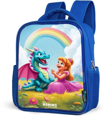 NoBoringSuitcases.com® - Rugzak blauw - Schooltas jongens - Prinses en dino in een kleurrijke wereld - Kinder rugtas jongen - Boekentas kind - Kinderrugzak voor school - Schoolrugzak
