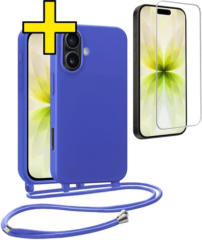 Hoesje Geschikt voor iPhone 17 Hoesje Met Koord Met Screenprotector Siliconen Case - Hoes Geschikt voor iPhone 17 Backcover Met Afneembaar Koord - Felblauw