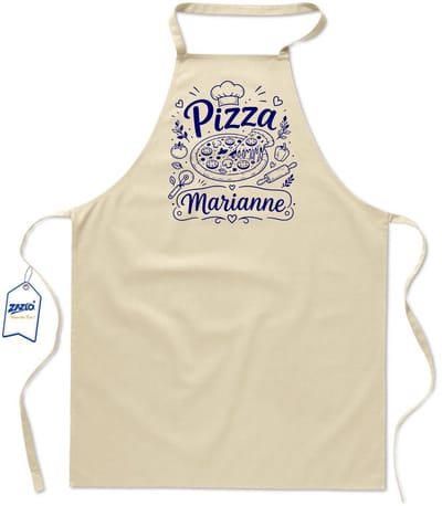 Basics - Unisex Schort - kookschort - keukenschort - BBQ schort - 65 x 90 cm - 100% katoen - pizza - met voornaam naar keuze - ecru / kaki