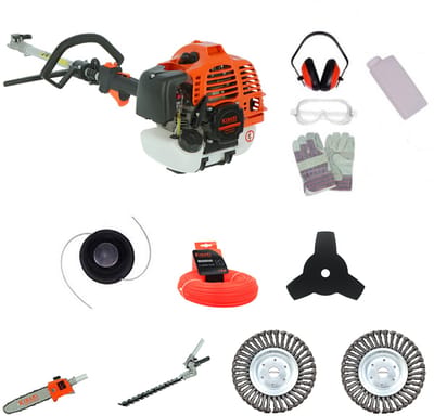 Kibani 6-in-1 Multitool incl 2 onkruidborstels- 52 cc - 1.9 PK 2-takt Benzine Motor - Heggenschaar - Kettingzaag - Grastrimmer - Maaidraad 100M - Onkruidborstel - Zaagblad - Maaidraad 100m - Bosmaaier - Combitool
