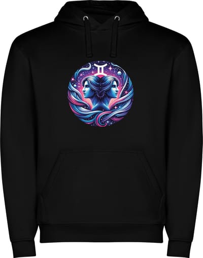 Zwarte unisex hoodie met “ Kleurrijke Sterrenbeeld Tweeling – Astrologie – Horoscoop – Zodiac Signs “ Print Full Color Color merk Roly maat S