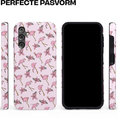 Casetastic hoesje geschikt voor Samsung Galaxy A14 (2023) 5G / Samsung Galaxy A14 (2023) 4G - Dubbellaagse bescherming - Tropisch Roze Flamigo Bloemen Paradijs - Fashion Case - Lichtgrijs Wit Lichtroze