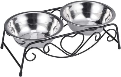Voerbak Set - Hondenbak Dubbel - Voeren Huisdier - Met Antislip Voet - 26 x 14 x 8.5 cm - Zilverkleurig