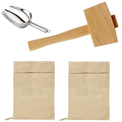 Set van 2 herbruikbare canvas ijszakken met houten hamer en ijsschep voor het verpletteren van ijs