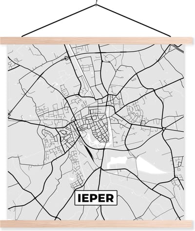 Posterhanger incl. Poster 40x40 cm - Schoolplaat - Zwart Wit – België – Plattegrond – Stadskaart – Kaart – Ieper - Textielposter - Blanke latten - Stadskaart