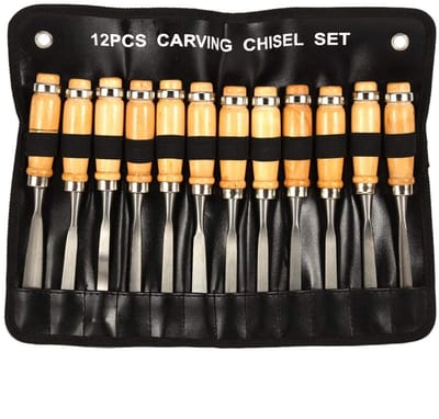 Dailygoods- Houtsnijbeitelset 12-delig - Professionele Beitelset - Houtbewerkingsgereedschap - Oprolbare Draagtas - Hoogwaardig Gepolijst Hout - Geharde Stalen Lemmeten - Houtbewerkingsset