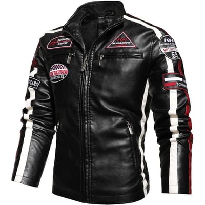 Winter leren jas heren opstaande kraag motorfiets retro velours PU-jassen borduren afdrukken groot formaat heren ritsjassen L black