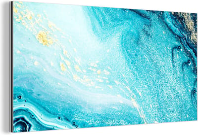 Wanddecoratie Metaal - Aluminium Schilderij Industrieel - Marmerlook - Blauw - Goud - Luxe - Glitter - Marmer - 160x80 cm - Dibond - Foto op aluminium - Industriële muurdecoratie - Voor de woonkamer/slaapkamer