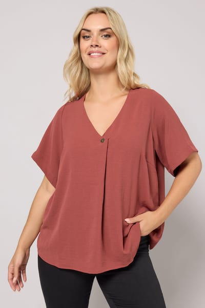 Yours Geweven Blouse Met Knoopdetail En Korte Mouwen In Roestoranje Size 46