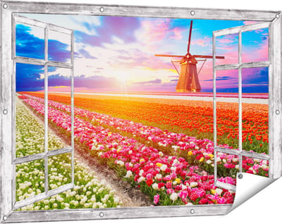 Gards Tuinposter Doorkijk Kleurrijke Bloemenveld met een Windmolen - 120x80 cm - Tuindoek - Tuindecoratie - Wanddecoratie buiten - Tuinschilderij
